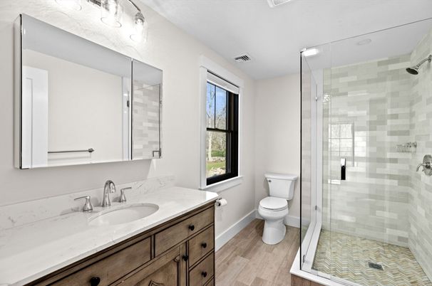 Bathroom, Glass Shower, Interior, Wood Texture Flooring