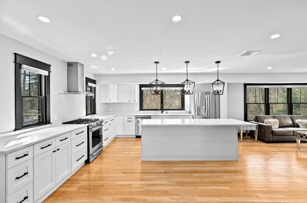 Interior, Kitchen, Living room, Pendant Lights, Recessed Lighting, Stainless Steel Appliances, Wood Texture Flooring