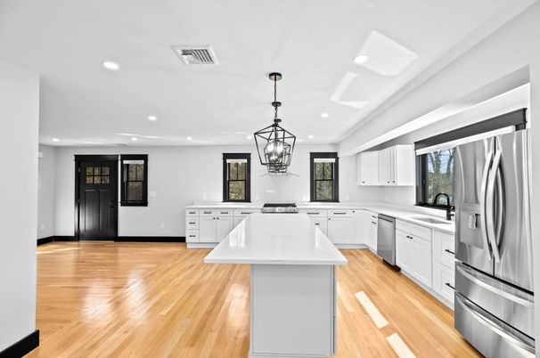 Interior, Kitchen, Pendant Lights, Recessed Lighting, Stainless Steel Appliances, Wood Texture Flooring