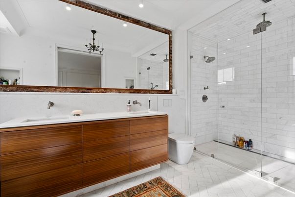 Bathroom, Dual Sink Vanities, Glass Shower, Interior, Marble, Recessed Lighting