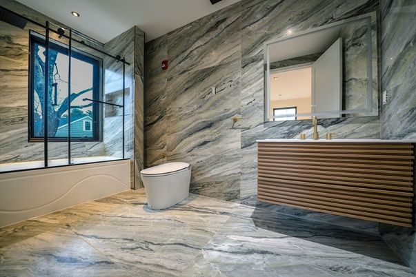 Bathroom, Interior, Marble, Marble Walls, Recessed Lighting, Wood Texture Flooring