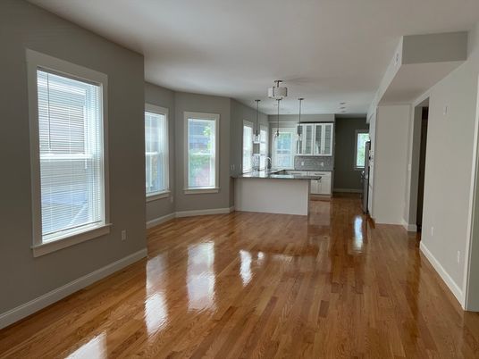 Empty room, Interior, Kitchen, Pendant Lights, Wood Texture Flooring
