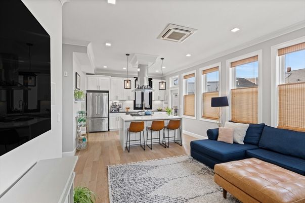 Interior, Kitchen, Living room, Pendant Lights, Recessed Lighting, Stainless Steel Appliances, Wood Texture Flooring
