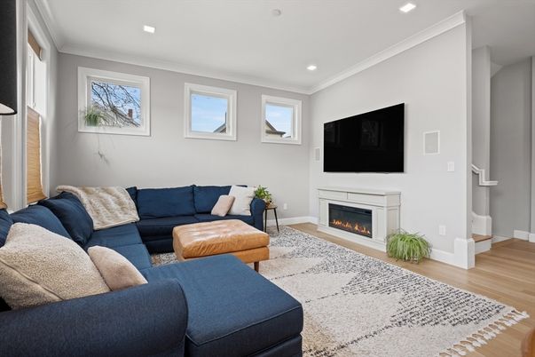 Fireplace, Interior, Living room, Recessed Lighting, Wood Texture Flooring