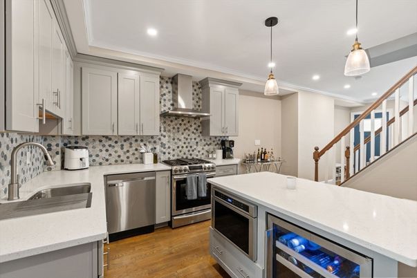 Interior, Kitchen, Pendant Lights, Recessed Lighting, Stainless Steel Appliances, Wood Texture Flooring