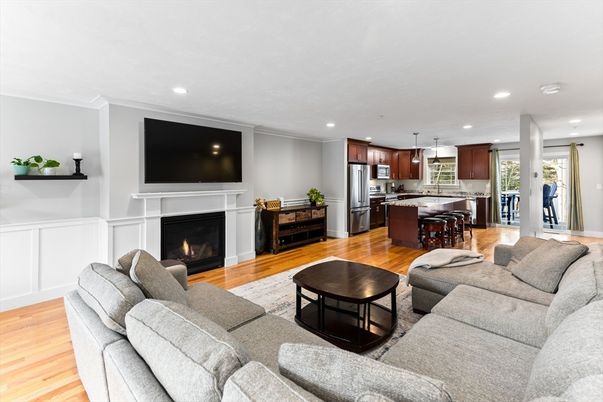Fireplace, Interior, Kitchen, Living room, Pendant Lights, Recessed Lighting, Stainless Steel Appliances, Wood Texture Flooring