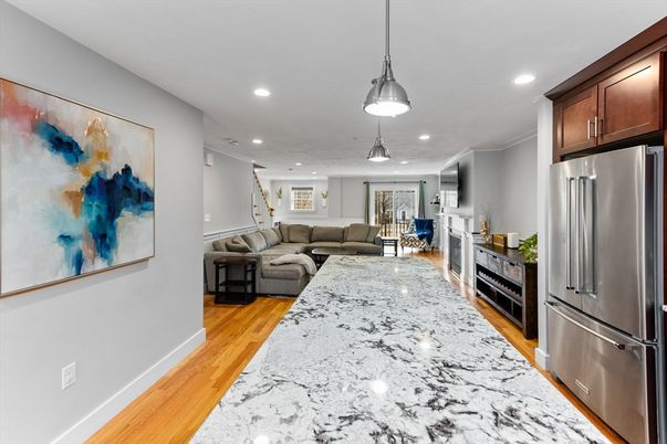 Interior, Kitchen, Living room, Pendant Lights, Recessed Lighting, Stainless Steel Appliances, Wood Texture Flooring