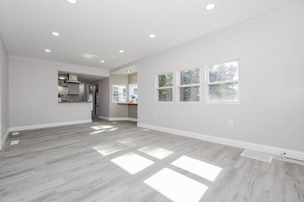 Empty room, Interior, Kitchen, Recessed Lighting, Wood Texture Flooring