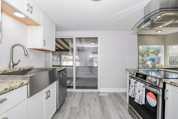 Interior, Kitchen, Recessed Lighting, Stainless Steel Appliances, Wood Texture Flooring