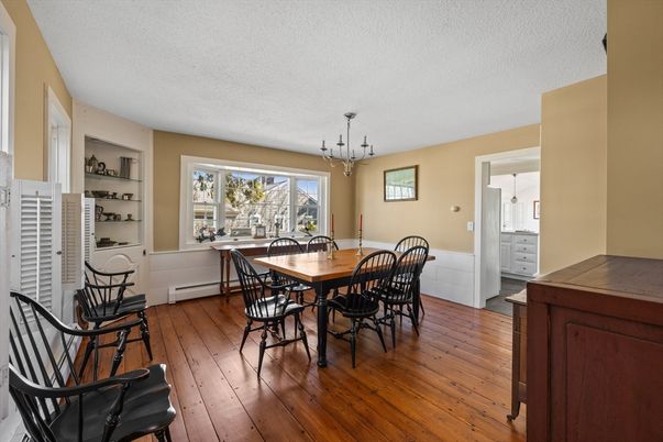 Dining room, Interior, Pendant Lights, Wood Texture Flooring