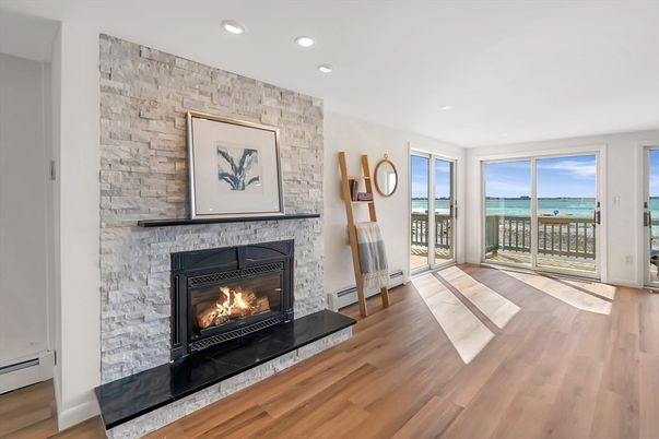 Fireplace, Interior, Recessed Lighting, Water, Wood Texture Flooring