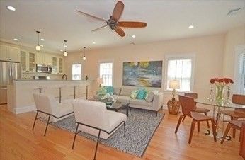 Dining room, Interior, Kitchen, Living room, Pendant Lights, Recessed Lighting, Stainless Steel Appliances, Wood Texture Flooring
