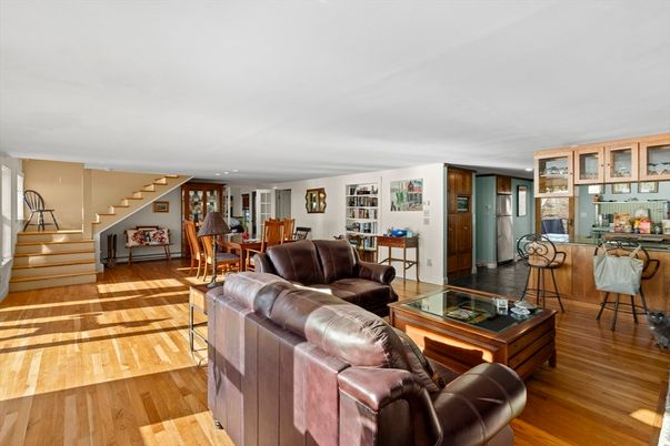 Dining room, Interior, Living room, Recessed Lighting, Wood Texture Flooring