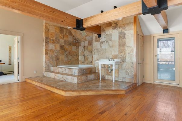 Bathroom, Interior, Stone Walls, Wooden Beams, Wood Texture Flooring