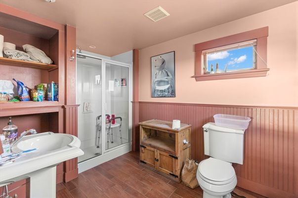 Bathroom, Glass Shower, Interior, Wood Texture Flooring