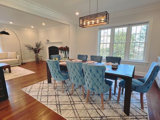 Dining room, Fireplace, Interior, Pendant Lights, Recessed Lighting, Wood Texture Flooring