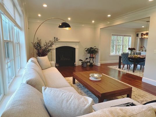 Dining room, Fireplace, Interior, Living room, Recessed Lighting, Wood Texture Flooring