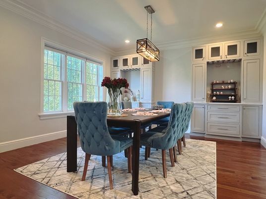 Dining room, Interior, Pendant Lights, Recessed Lighting, Wood Texture Flooring