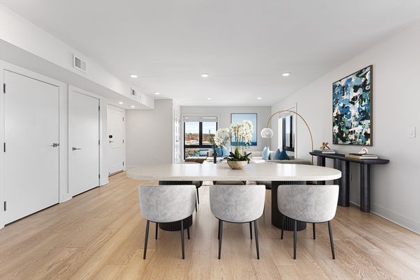 Dining room, Interior, Recessed Lighting, Wood Texture Flooring