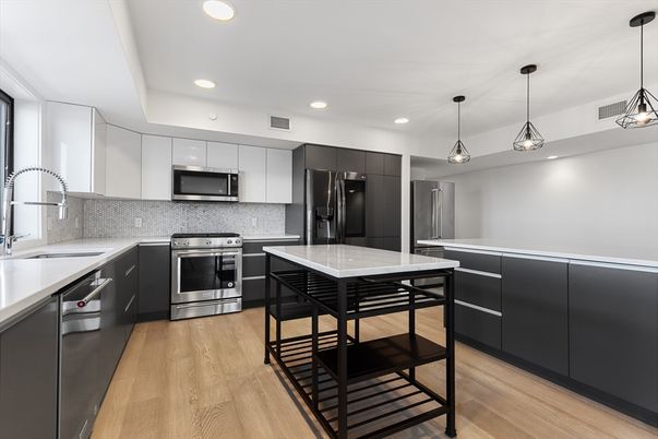 Interior, Kitchen, Pendant Lights, Recessed Lighting, Stainless Steel Appliances, Wood Texture Flooring