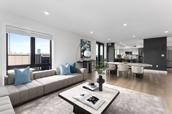 Dining room, Interior, Kitchen, Living room, Recessed Lighting, Stainless Steel Appliances, Wood Texture Flooring