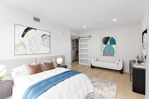 Bedroom, Interior, Recessed Lighting, Wood Texture Flooring