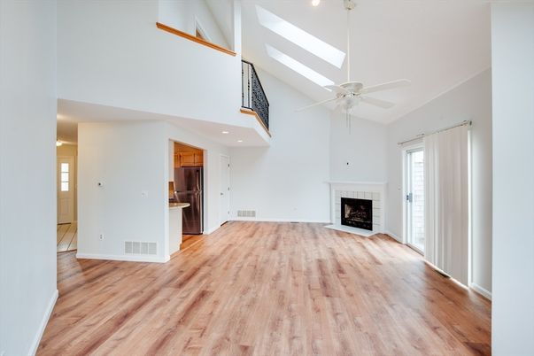 Empty room, Fireplace, Interior, Recessed Lighting, Wood Texture Flooring