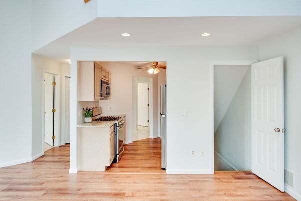 Interior, Kitchen, Recessed Lighting, Wood Texture Flooring