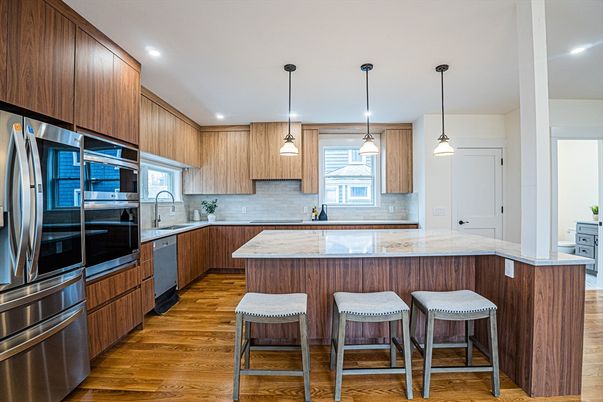 Interior, Kitchen, Pendant Lights, Recessed Lighting, Stainless Steel Appliances, Wood Texture Flooring