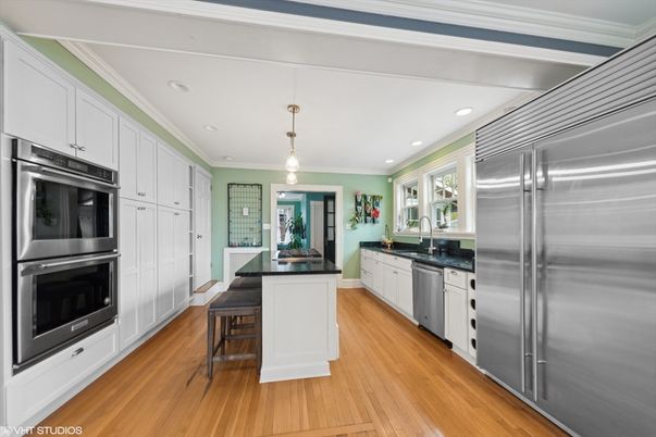 Interior, Kitchen, Pendant Lights, Recessed Lighting, Stainless Steel Appliances, Wood Texture Flooring