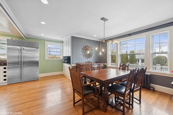 Dining room, Interior, Pendant Lights, Recessed Lighting, Stainless Steel Appliances, Wood Texture Flooring