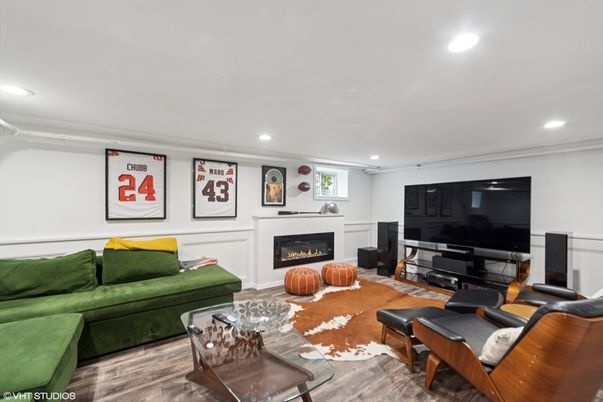 Fireplace, Interior, Living room, Recessed Lighting, Wood Texture Flooring