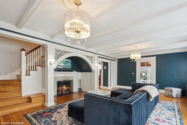 Chandelier, Fireplace, Interior, Living room, Pendant Lights, Wood Texture Flooring