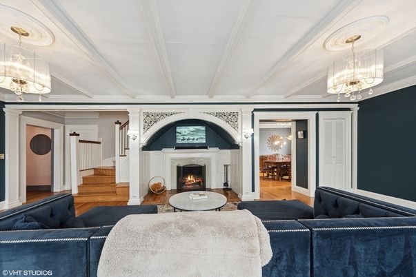 Fireplace, Interior, Living room, Pendant Lights, Wood Texture Flooring