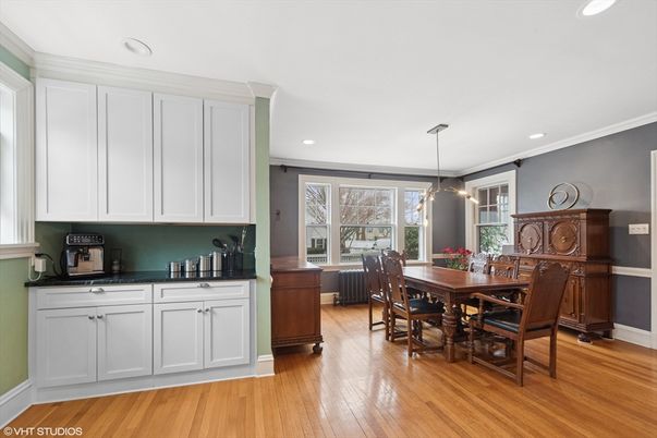 Dining room, Interior, Pendant Lights, Recessed Lighting, Wood Texture Flooring
