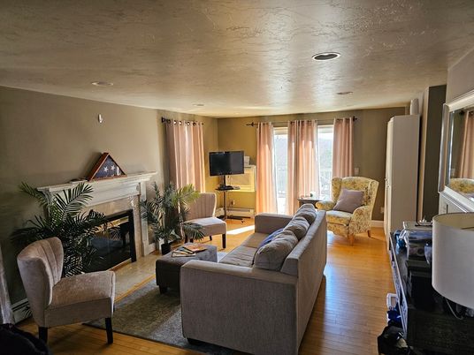 Fireplace, Interior, Living room, Recessed Lighting, Wood Texture Flooring
