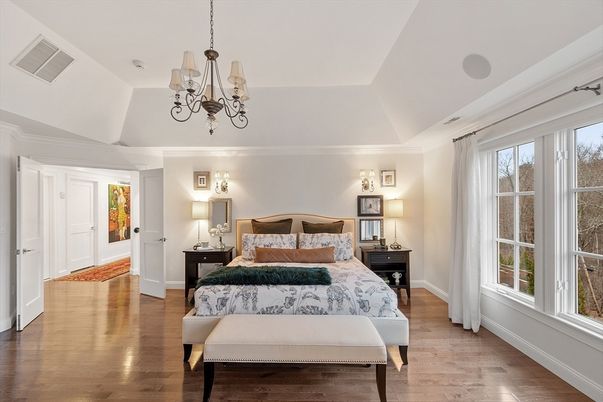 Bedroom, Chandelier, Interior, Wood Texture Flooring