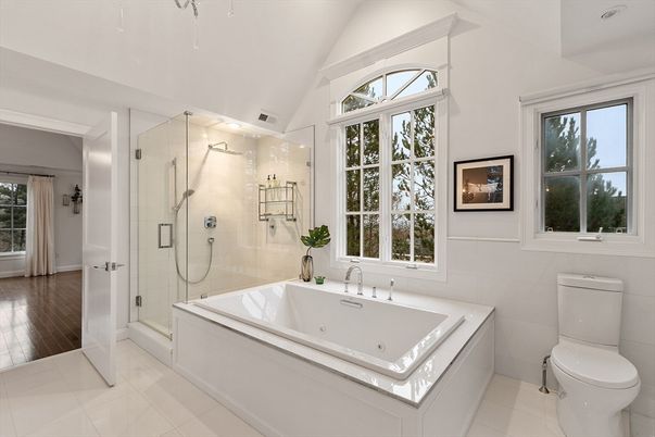 Bathroom, Glass Shower, Interior, Wood Texture Flooring