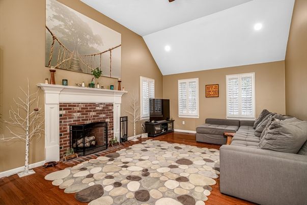 Fireplace, Interior, Living room, Recessed Lighting, Wood Texture Flooring