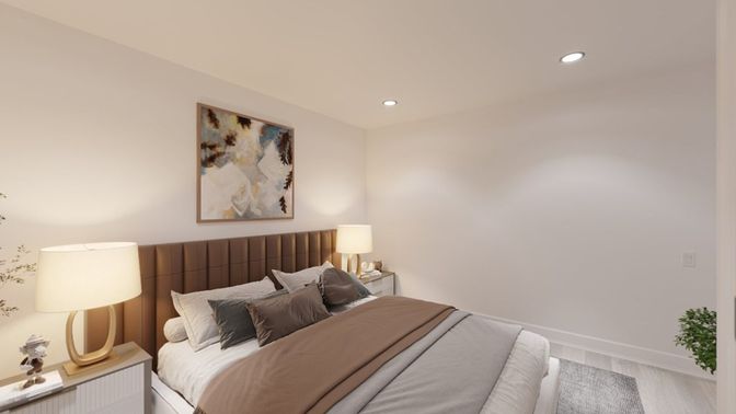 Bedroom, Interior, Recessed Lighting, Wood Texture Flooring
