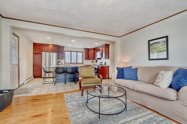 Interior, Kitchen, Living room, Recessed Lighting, Stainless Steel Appliances, Wood Texture Flooring