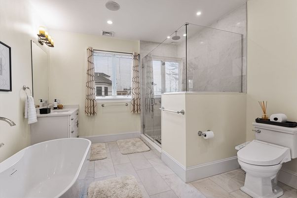 Bathroom, Free Standing Baths, Glass Shower, Interior, Marble Walls, Recessed Lighting