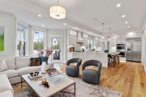 Interior, Kitchen, Living room, Pendant Lights, Recessed Lighting, Stainless Steel Appliances, Wood Texture Flooring