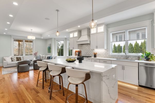 Interior, Kitchen, Living room, Pendant Lights, Recessed Lighting, Stainless Steel Appliances, Wood Texture Flooring