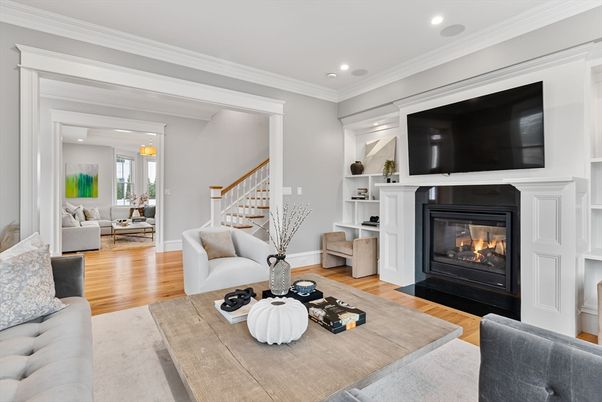 Fireplace, Interior, Living room, Recessed Lighting, Wood Texture Flooring