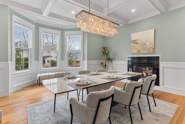 Chandelier, Dining room, Fireplace, Interior, Recessed Lighting, Wood Texture Flooring
