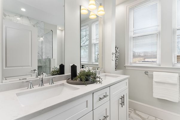 Bathroom, Dual Sink Vanities, Glass Shower, Interior, Marble, Marble Walls, Recessed Lighting
