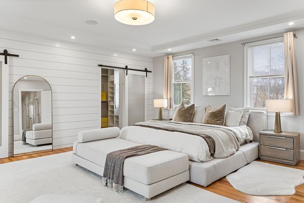 Bedroom, Interior, Recessed Lighting, Wood Texture Flooring