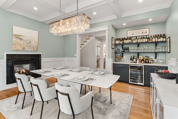 Chandelier, Fireplace, Interior, Recessed Lighting, Wood Texture Flooring