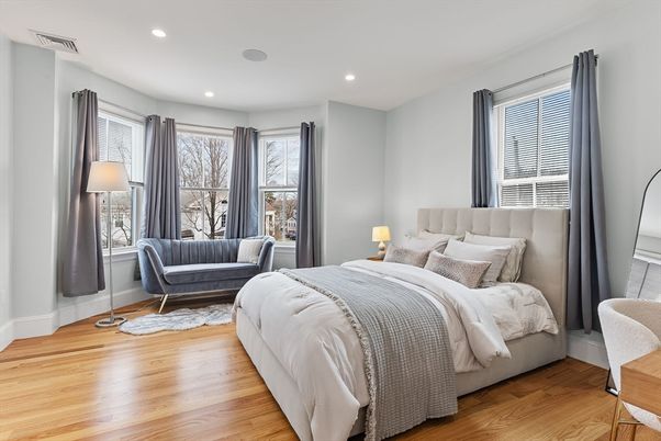 Bedroom, Interior, Recessed Lighting, Wood Texture Flooring
